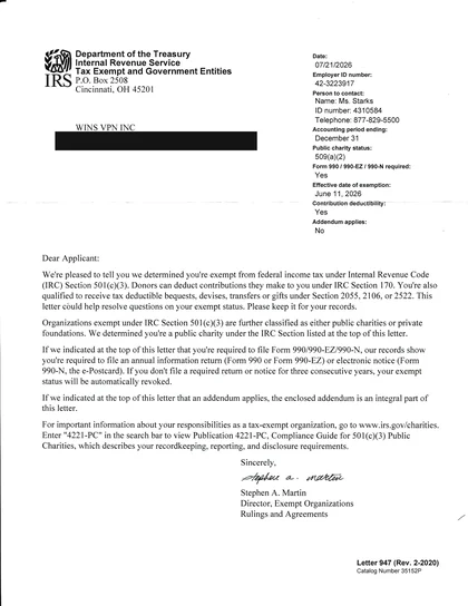 IRS determination letter dated July 21, 2026 recognizing Win's VPN Inc. as exempt under Internal Revenue Code Section 501(c)(3)